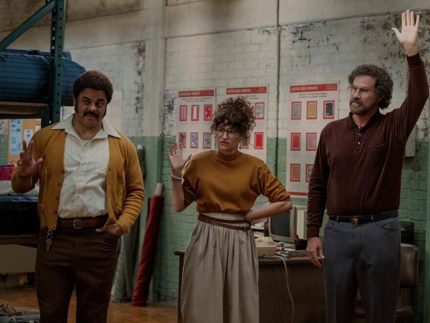 Cornell Womack, Kathryn Hahn and Will Ferrell in <em>The Shrink Next Door</em>.