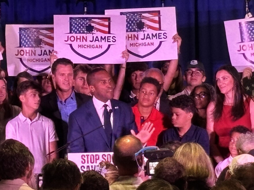 Congressman John James speaks at his victory party on Tuesday, August 4, 2026, after the Associated Press called him the winner of the Republican gubernatorial primary race.
