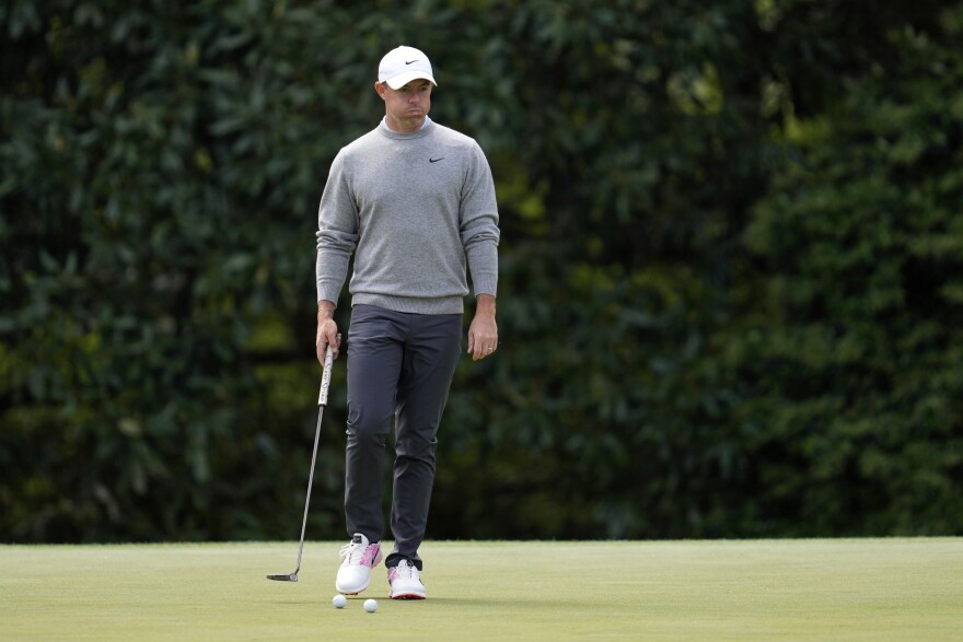 Rory McIlroy, of Northern Ireland, walks on the green on the fifth hole during a practice around at the Masters golf tournament, Wednesday, April 9, 2025, in Augusta, Ga. (AP Photo/Ashley Landis)