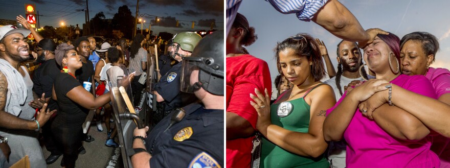 (Left) Protesters face off with Baton Rouge police in riot gear across the street from the police department on Friday in Baton Rouge, La. (Right) Pastor Johnny Young blesses Kaleigh Yates, a first cousin of Alton Sterling, outside the convenience store where he was shot and killed.