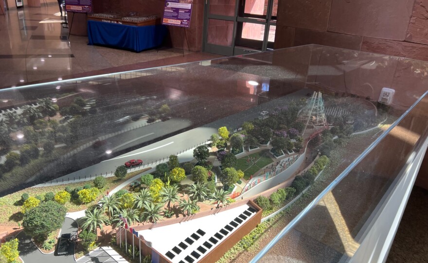 Models of proposed 1 October monuments are seen in the Clark County Government Center in July 2023.