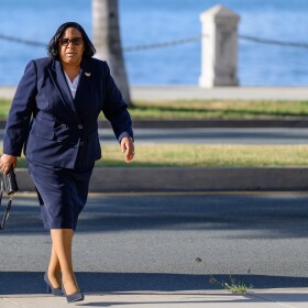 Pictured: Property and Procurement Commissioner Lisa Alejandro arrives at the Ron De Lugo Federal Courthouse on St. Thomas.