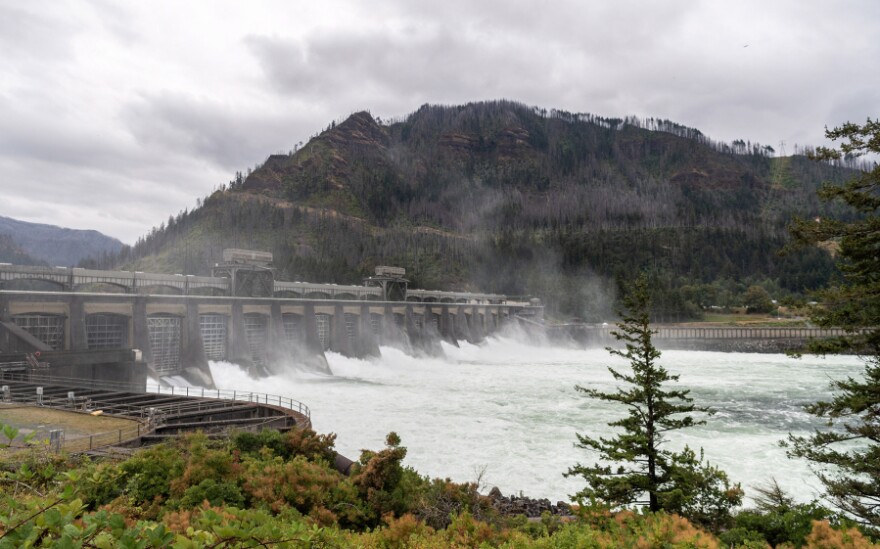Water rushing through a dam in front of a hill. 