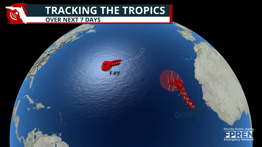 Map showing Tropical Storms Fay and Gonzalo.