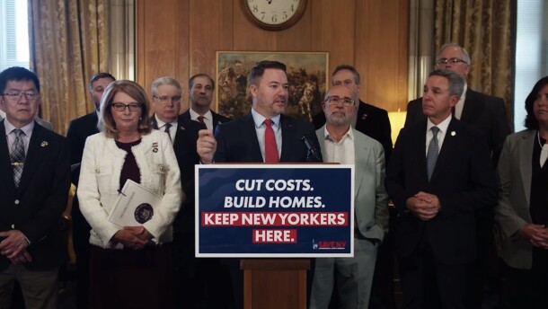 Sen. Robert Ortt and members of the Senate Republican Conference speak at the New York State Capital.