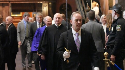 Chuck Williams, Sergeant at Arms for the South Carolina Senate, escorts senators to the House chamber for judicial elections at the Statehouse on March 4, 2026.