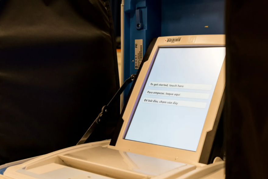 A voting machine sits inside the W. P. McLean 6th Grade Center at 3201 S. Hills Ave. for the March 2022 primary election.