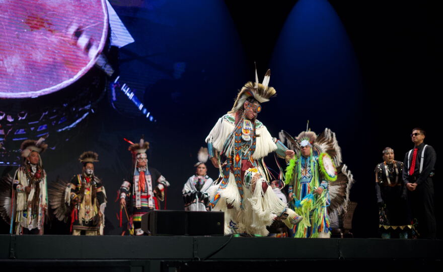 Traditional dances and songs were shared with the public on Indigenous People's Day, on Oct. 12, 2026, at the Palms Resort Casino. (Jimmy Romo/KNPR)