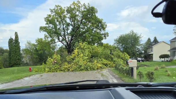 Fallen trees completely block a road near Howell following Thursday’s severe storms. Residents used a backhoe and chainsaws to begin clearing the debris.