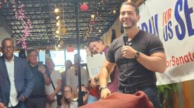 United States Senator candidate Abdul El-Sayed speaks to a group of people about his campaign at Presque Isle Cider Mill in Alpena on Saturday, May 30, 2026.
