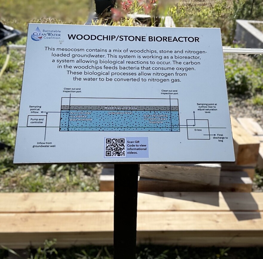 a sign explaining a woodchip/stone bioreactor