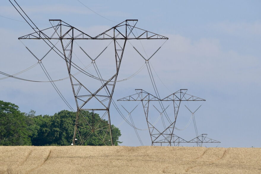 Power lines cross a field in Snyder County, Pennsylvania.