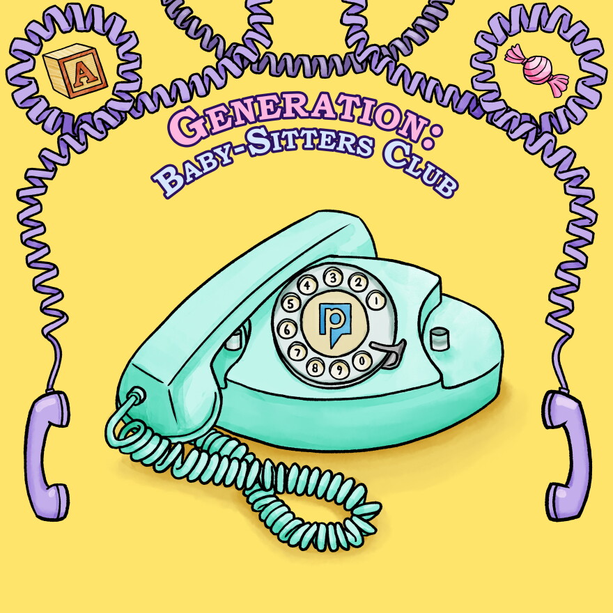 Illustration of a green landline phone with a spiral cord and a round number dial. 