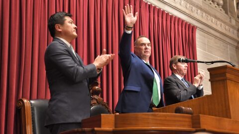 After historic defeats Tuesday, the continuing clout of Gov. Mike Kehoe is uncertain. In this photo, Kehoe waves after completing his 2026 State of the State address on Jan. 13, as House Speaker Jon Patterson claps in the foreground (Tim Bommel/Missouri House Communications).