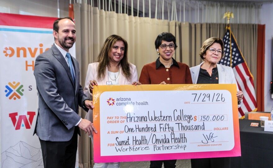 AWC, Onvida and Sunset gathered Wednesday, July 29, to celebrate a $150K grant from Arizona Complete Health. From left to right: Justin Farren, senior vice president and chief strategy officer at Onvida Health; Dr. Saika Somjee, senior director of clinical operations and education at Sunset Health; Dr. Reetika Dhawan, president of Arizona Western College; and Maria Chavoya, regional manager of community affairs at Arizona Complete Health and AWC governing board member.
