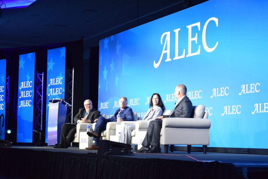 EdChoice CEO Robert Enlow, Indiana House Speaker Todd Huston, West Virginia Sen. Patricia Rucker, and Idaho Sen. Ben Toews speak at the American Legislative Exchange Council’s annual meeting on Wednesday, July 16, 2025, in Indianapolis.