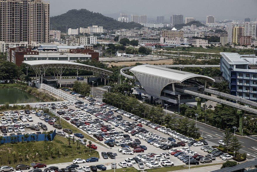 A BYD monorail train stands at a station at the company's headquarters in Shenzhen, China.