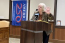 Rosemary Shields, of the League of Women Voters of the Cape Cod Area, questions a Holtec representative about the possibility that the company could go to federal court seeking to discharge wastewater into Cape Cod Bay. Sept. 28, 2026.
