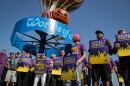 Maintenance workers at Worlds of Fun, members of SEIU Local 1, rallied in front of the park on Oct. 8, 2024, demanding a fair contract. The group voted to authorize a strike when negotiations stalled.