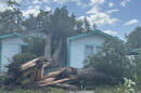 After severe storms felled trees and caused power outages, residents from the West Side clean up. Here, a crew removes a massive pecan tree from one side of a house on Morales Street on San Antonio's West Side