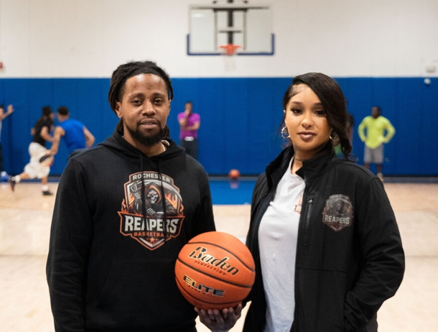 Co-owners Chaniah Martino and Howard Jeffries attend their team's practice. Men's basketball team Rochester Reapers practice October 22, 2026 at the Boys and Girls Club gym. The Reapers are a new woman-owned team that is part of the American Basketball Association (ABA) League.