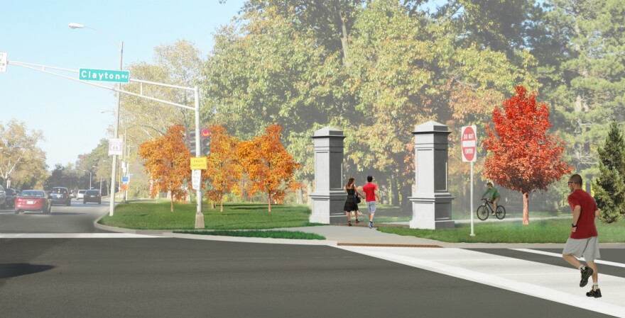 Rendering of a marker at the I-64, Skinker Boulevard and Wells Drive entrance to the park.