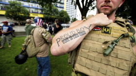 Joseph Oakman, a member of the Proud Boys, wears body armor during an "End Domestic Terrorism" rally in Portland, Ore., on Saturday, Aug. 17, 2019. (Noah Berger/AP Photo)
