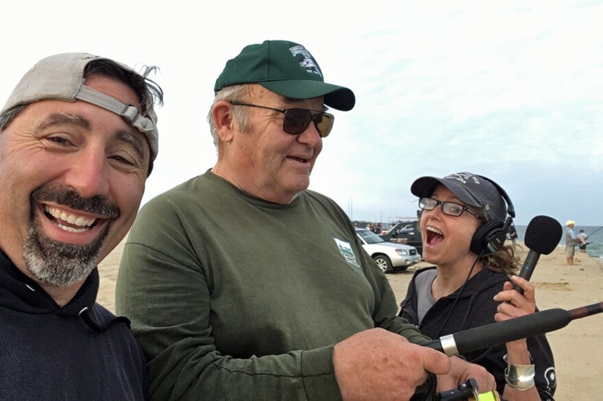 Paul Schultz (center) with Here & Now's Robin Young and another angler on Martha's Vineyard. (Robin Young/Here & Now)