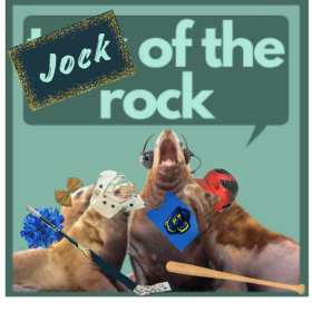 LOGO for Jock of the Rock, KMXT's once a month sports show hosted by mild-mannered reporter, Derek Clarkston.