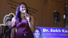 Sukh Kaur addresses supporters on Saturday, June 10, 2023.