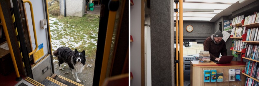 Left: Driver Iain Mackenzie knows his route so well that before driving to customer Donald John's property, he opens the side door to prevent John's dog from chewing at the bottom of the doors. Right: Iain Mackenzie checking out books for a customer on the Bernera route.