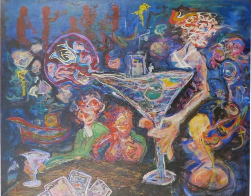 A colorful, abstract painting of several people, one holding a large martini glass in the foreground