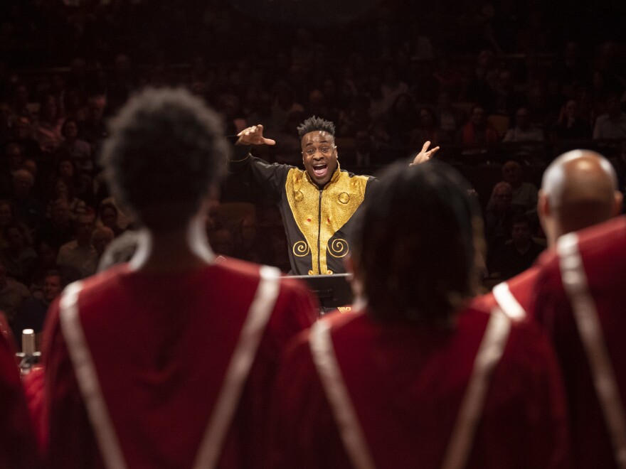 Damien Sneed conducts his Chorale Le Chateau during a performance of Wynton Marsalis' Abyssinian Mass in at Jazz at Lincoln Center in 2019.
