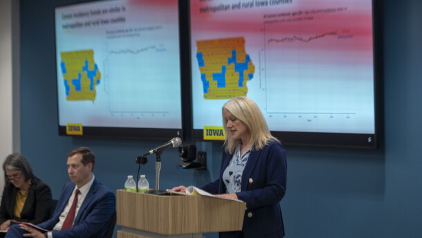 University of Iowa researcher Mary Charlton gives an update on a state-funded study on the state's high cancer rates on Sept. 29, 2026.