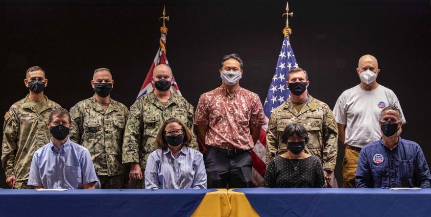 HONOLULU (Dec. 17, 2021) – Joint Service and civilian senior leaders from Joint Base Pearl Harbor-Hickam, stand together after a Joint Water Distribution System Recovery Plan Agreement signing ceremony at U.S. Pacific Fleet Headquarters. The JBPHH water quality recovery is a joint U.S. military initiative working with the State of Hawaii, Department of Health, Honolulu Board of Water Supply, U.S. government and independent organizations. (U.S. Air Force photo by Tech. Sgt. Nick Wilson)