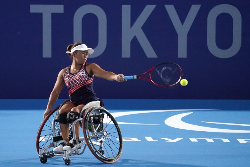 Yui Kamiji of Team Japan in action during a training session ahead of the Tokyo 2020 Paralympic Games at Ariake Tennis Park on August 22, 2021 in Tokyo, Japan.