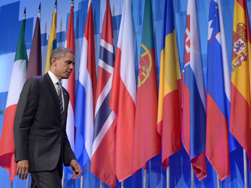 President Barack Obama leaves a press conference at the conclusion of the 2012 NATO Summit May 21, 2012 in Chicago.