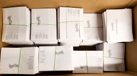A large box of pre-assembled mail-in ballots