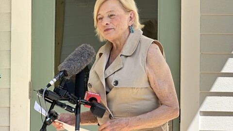 Gov. Janet Mills speaks during a ribbon cutting for an affordable housing project in Newcastle.