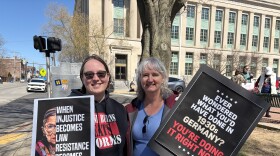 Shannon Pantano, left, and her mother, Candace Brunk, came to the No Kings rally in Lexington on Saturday. Brunk is an Air Force veteran.