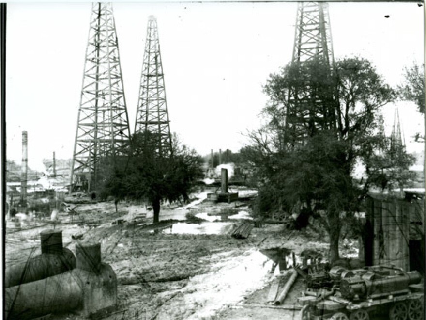 Oil derricks in a Texas field circa 1915-1925.