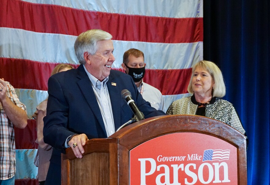 Gov. Mike Parson gives a victory speech to supporters Election Night, Tuesday Nov. 3, 2020, at the White River Conference Center in Springfield, Missouri. The win against Democrat Nicole Galloway gives Parson his first full term as Missouri governor.