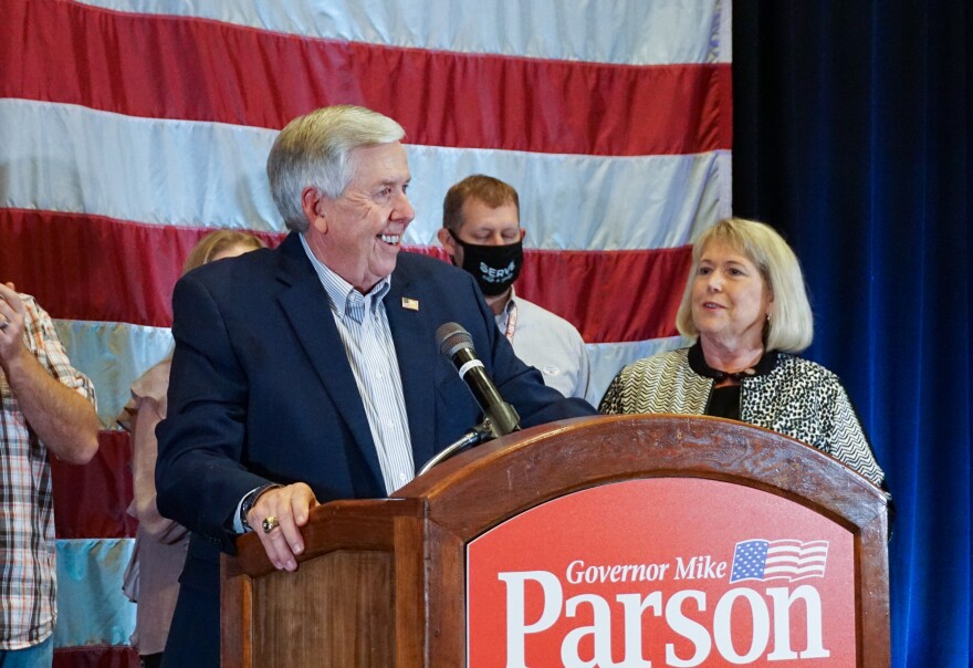 Gov. Mike Parson gives a victory speech to supporters Election Night, Tuesday Nov. 3, 2020, at the White River Conference Center in Springfield, Missouri. The win against Democrat Nicole Galloway gives Parson his first full term as Missouri governor. 