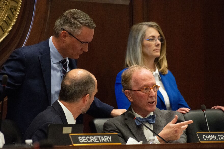 Members of the House ethics committee confer with their lawyer, William Myers III, during the first day of an ethics hearing involving allegations Rep. Aaron von Ehlinger (R-Lewiston) raped a volunteer staffer.