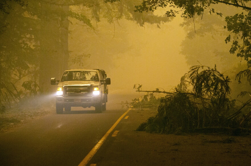 A truck passes one of many trees down on Highway 126 between Vida, Oregon and Nimrod, Oregon on September, 10, 2020. (Pool photo by Andy Nelson)