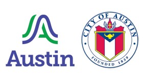 A violet purple and green logo in the shape of an A and reading Austin sits next to Austin city seal with blue lettering and a red, yellow, red and white emblem in the middle. 