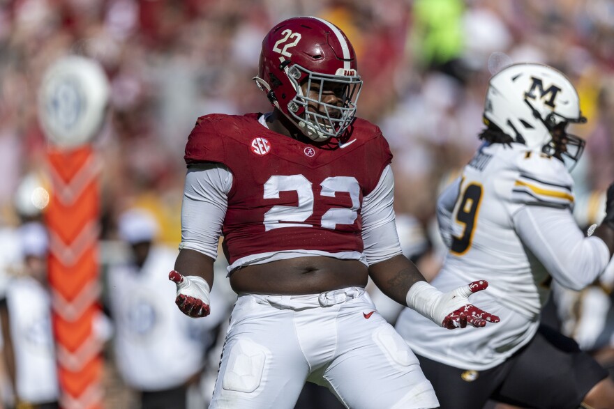 Alabama defensive lineman LT Overton (22) celebrates after a stop against Missouri during the first half of an NCAA college football game, Saturday, Oct. 26, 2024, in Tuscaloosa, Ala. (AP Photo/Vasha Hunt)