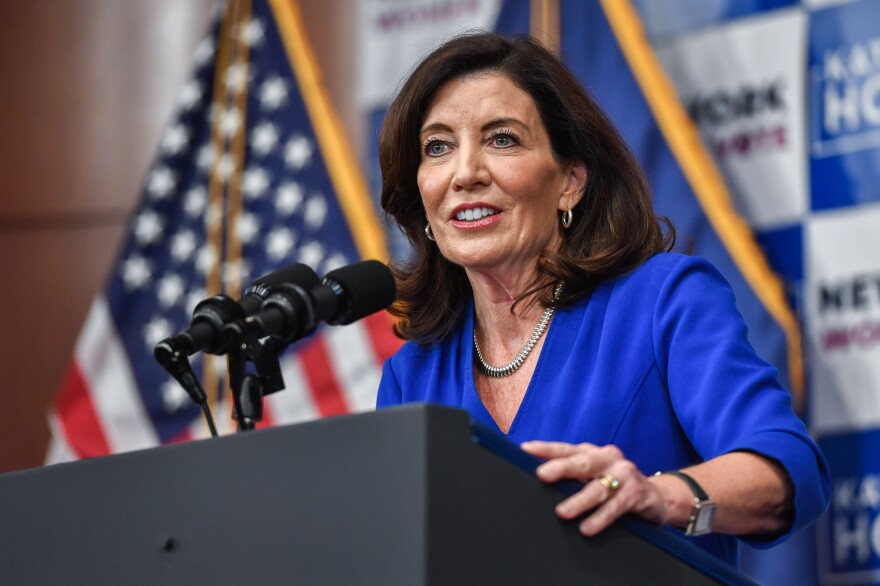 Kathy Hochul, governor of New York, speaks during a Get Out The Vote event at Barnard College on Nov. 3.