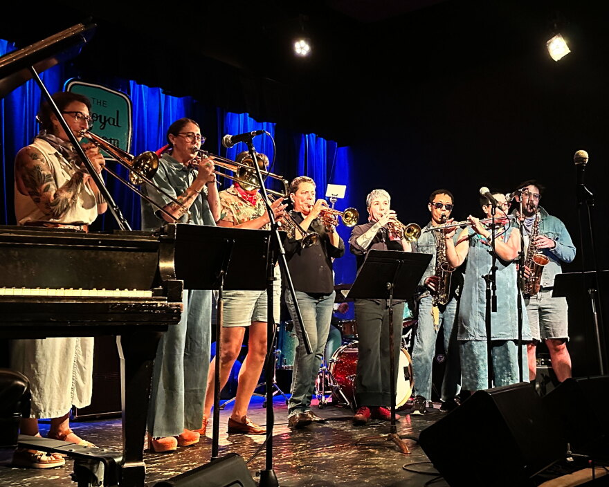 Students from Jazz Night School's class Beginning Instruments for Adults perform during a recital at The Royal Room in South Seattle on Aug. 27, 2026.