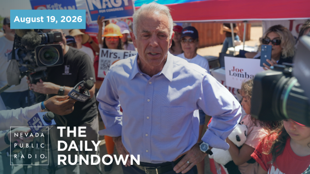 Nevada Gov. Joe Lombardo talks to reporters outside a vote center June 9, 2026, in Las Vegas.
